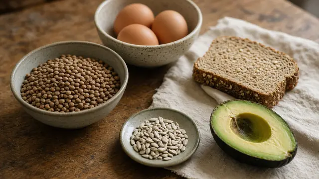 Lentils, eggs, whole-grain bread, sunflower seeds and avocado on a wooden table