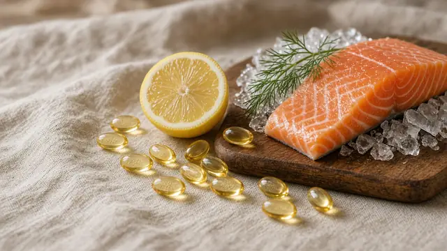 Golden fish oil softgels on linen beside half a lemon and a salmon fillet on ice