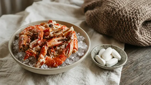 A bowl of shellfish on ice beside a dish of large white tablets and a knit blanket