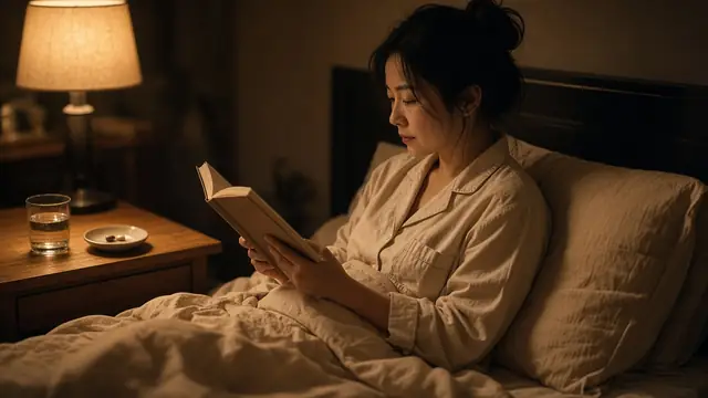 A woman reading in bed by lamplight with a glass of water on the nightstand