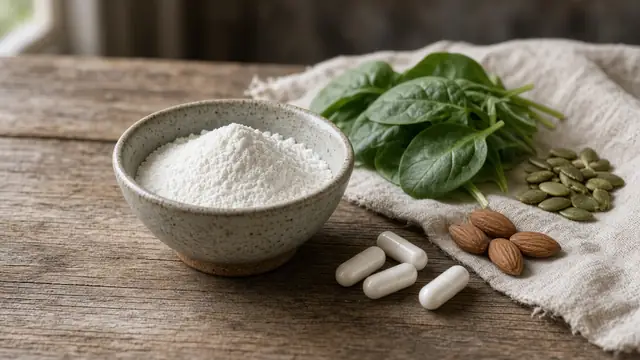 A bowl of magnesium powder and capsules with spinach, pumpkin seeds and almonds