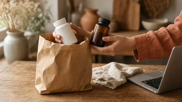 Unpacking plain supplement bottles from a paper bag at a kitchen table