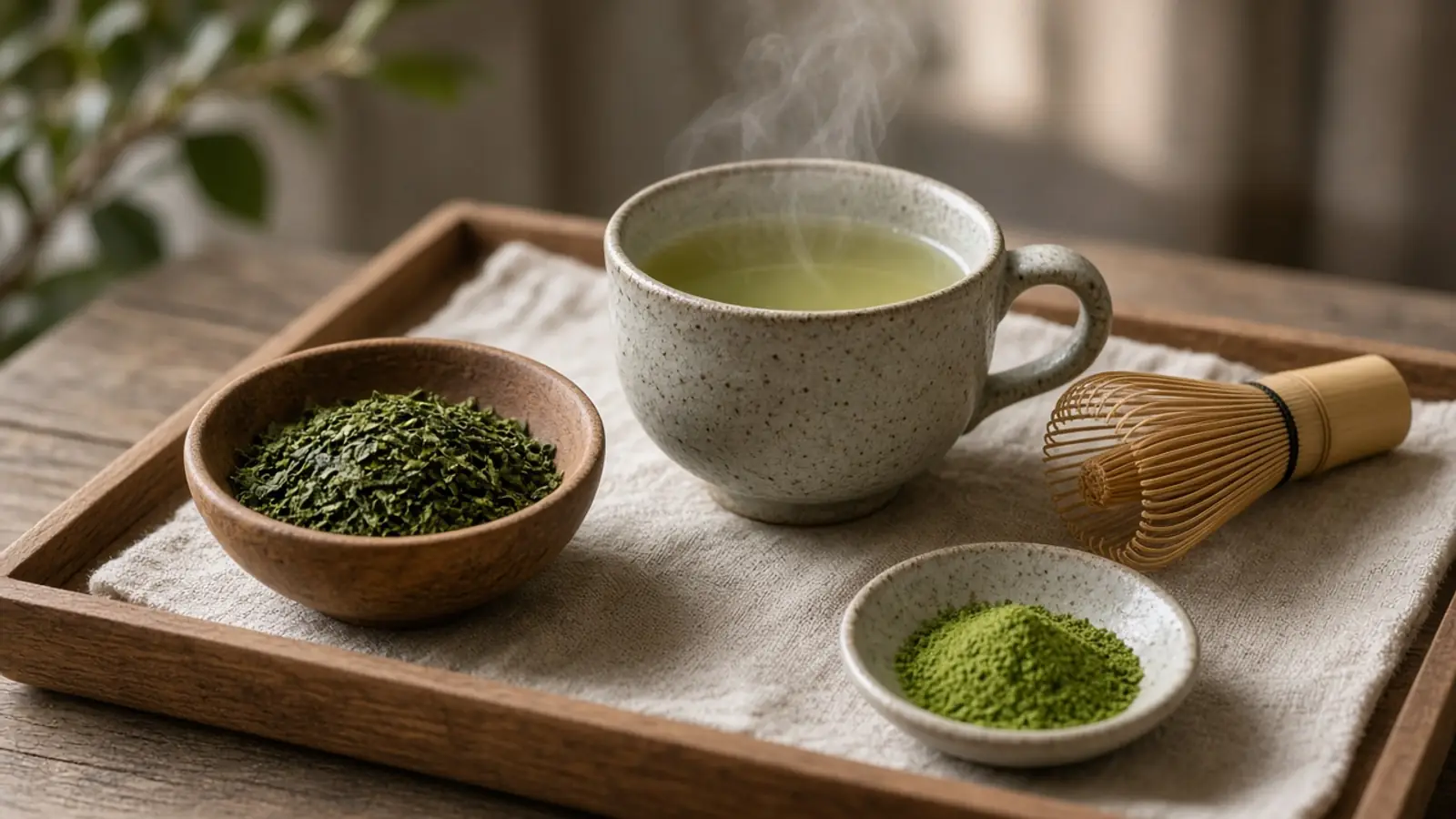 Loose green tea leaves, a cup of green tea, a bamboo whisk and matcha powder