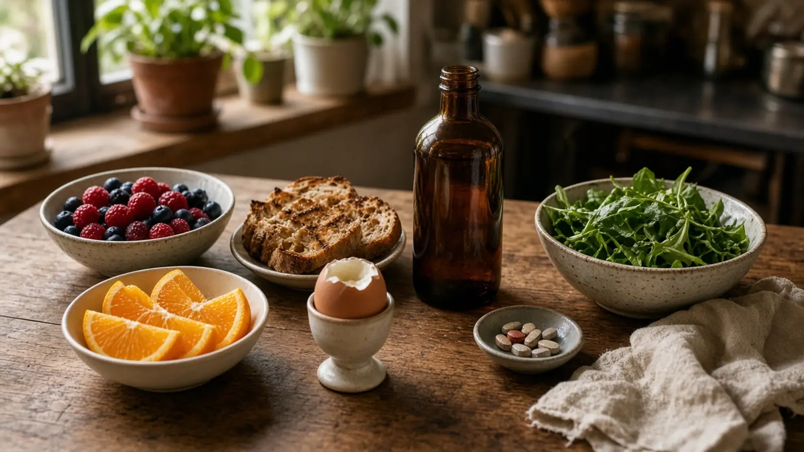 A breakfast table with berries, oranges, toast, an egg, greens and a few tablets