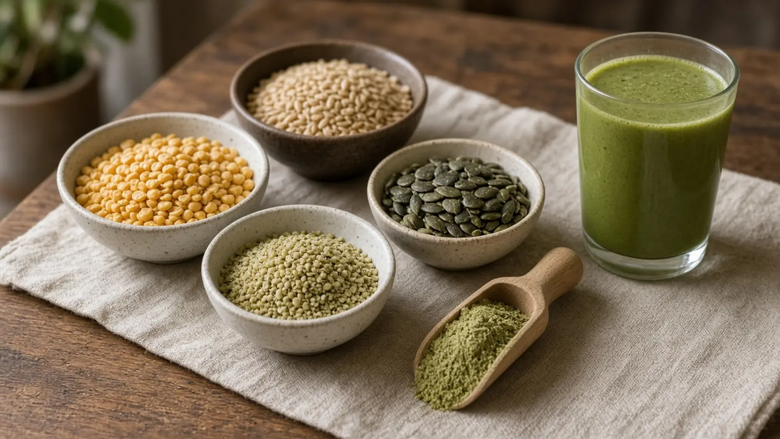 Bowls of split peas, rice, hemp and pumpkin seeds with a scoop of plant protein powder