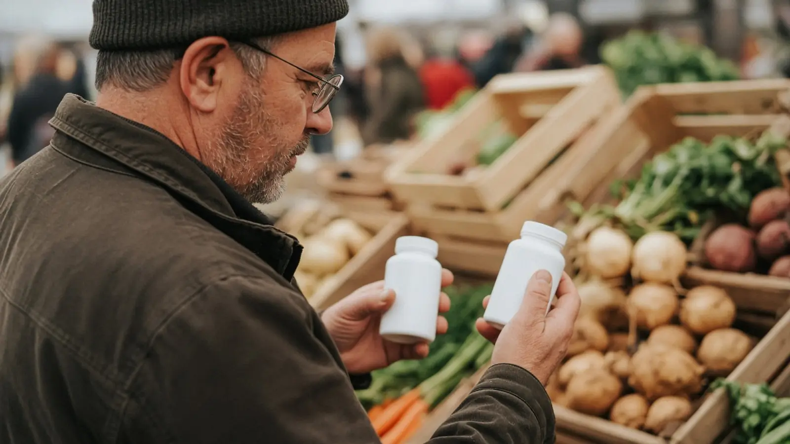 A man at a farmers market comparing two plain supplement bottles