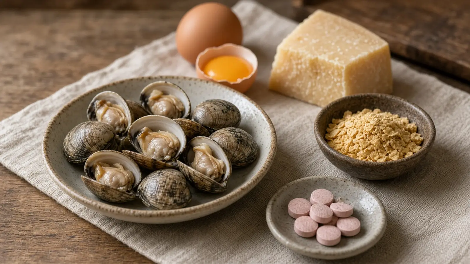 Clams, eggs, cheese, nutritional yeast and small pink tablets on linen