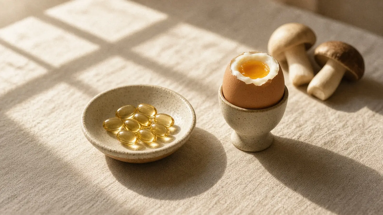 Golden vitamin D softgels in a dish beside a soft-boiled egg and mushrooms in sunlight