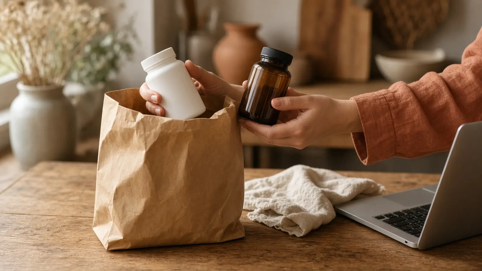 Unpacking plain supplement bottles from a paper bag at a kitchen table